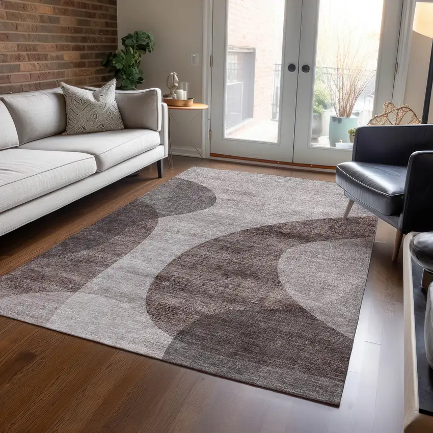 Brown Taupe And Beige Abstract Washable Indoor Outdoor Area Rug Photo 8