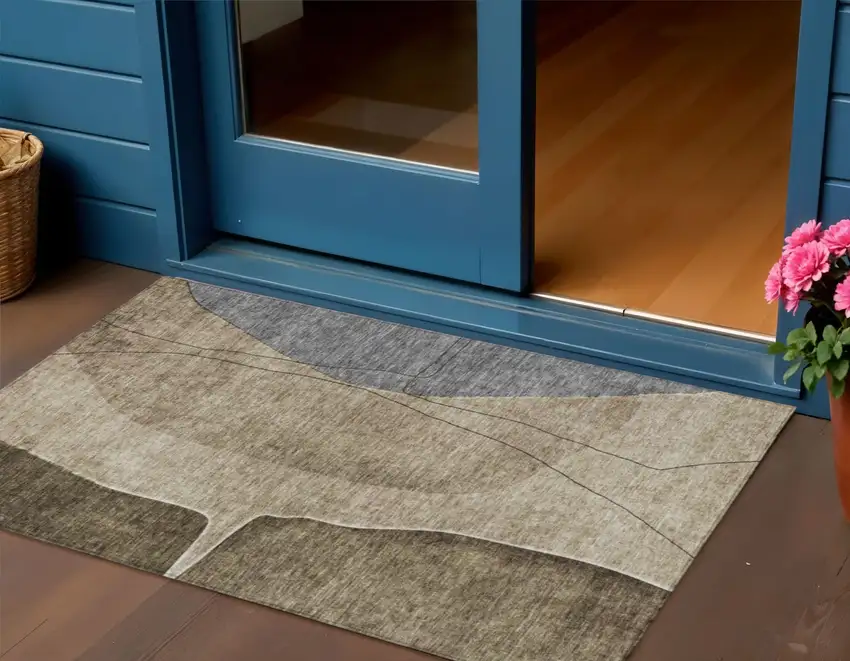Brown Taupe And Beige Abstract Washable Indoor Outdoor Area Rug Photo 1