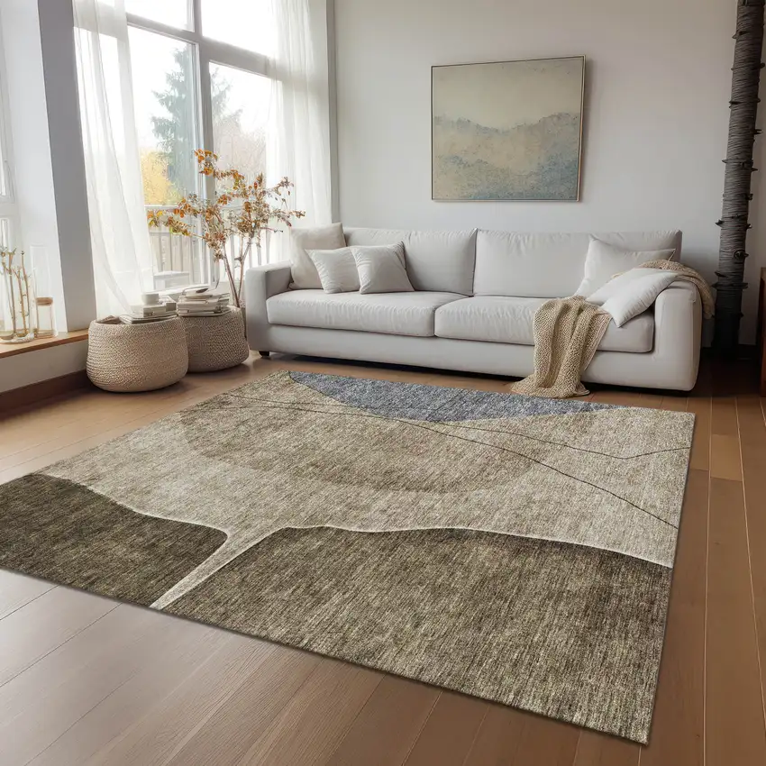 Brown Taupe And Beige Abstract Washable Indoor Outdoor Area Rug Photo 9