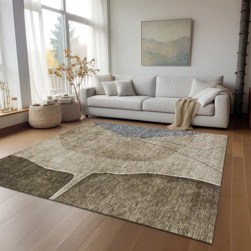 Brown Taupe And Beige Abstract Washable Indoor Outdoor Area Rug Photo 9