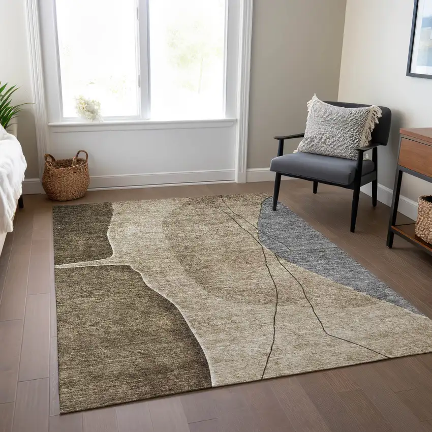 Brown Taupe And Beige Abstract Washable Indoor Outdoor Area Rug Photo 9