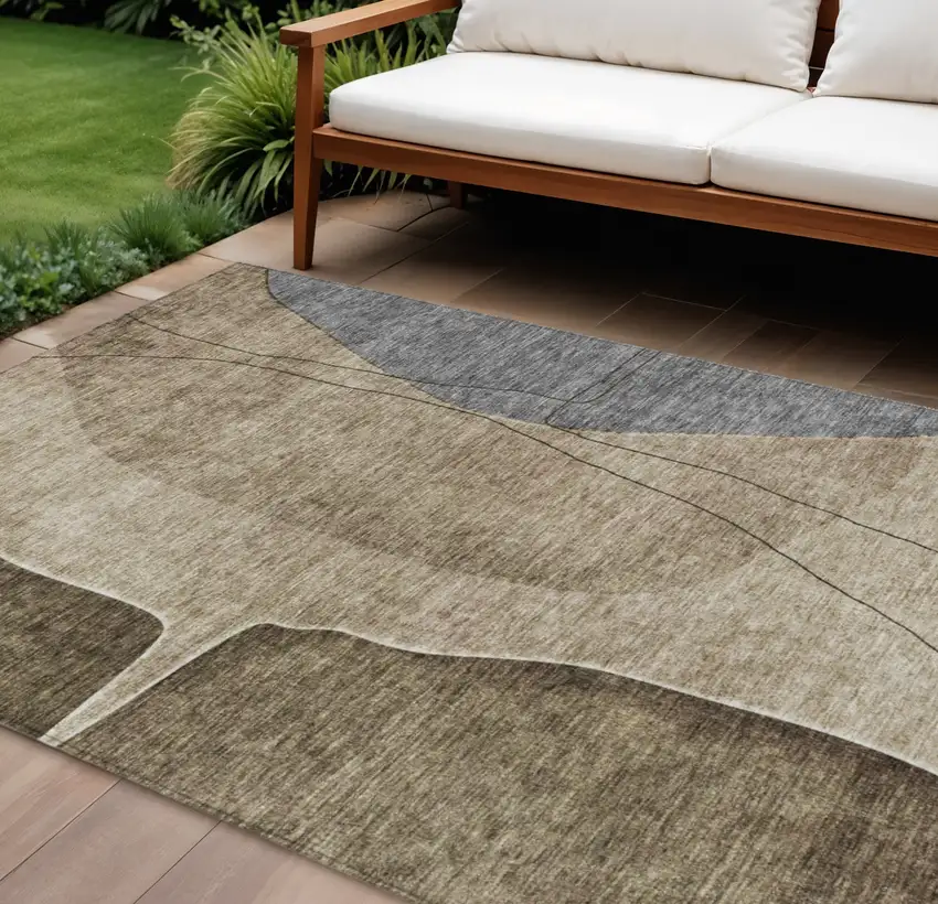 Brown Taupe And Beige Abstract Washable Indoor Outdoor Area Rug Photo 1