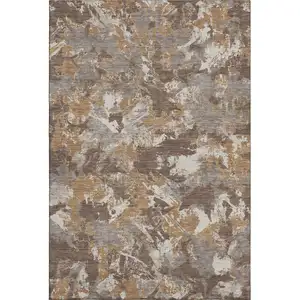 Photo of Brown Taupe And Beige Floral Washable Area Rug With UV Protection