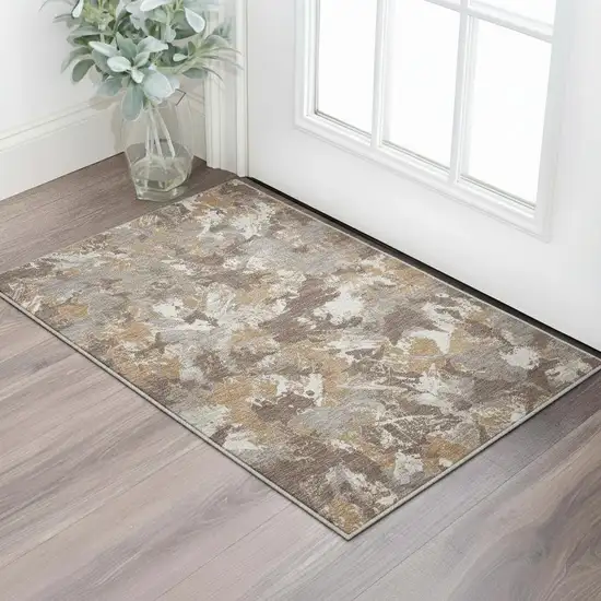 Brown Taupe And Beige Floral Washable Area Rug With UV Protection Photo 2