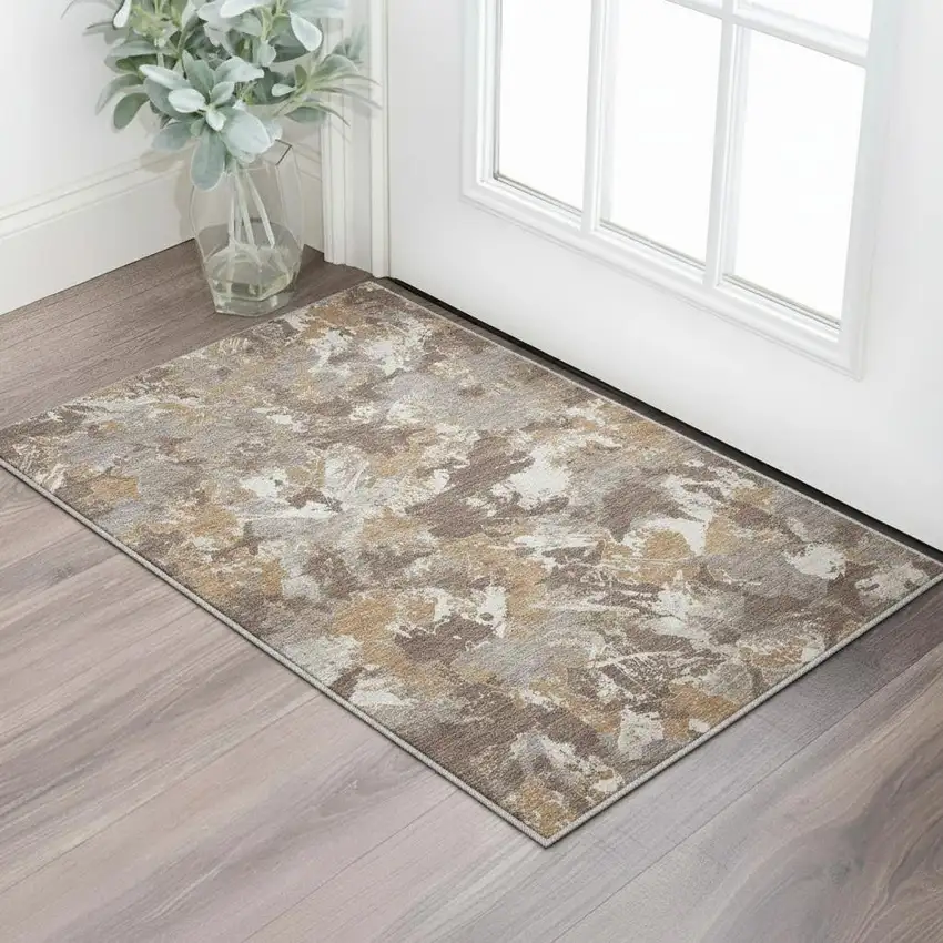 Brown Taupe And Beige Floral Washable Area Rug With UV Protection Photo 2