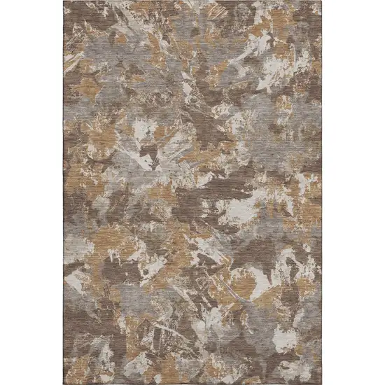 Brown Taupe And Beige Floral Washable Area Rug With UV Protection Photo 1