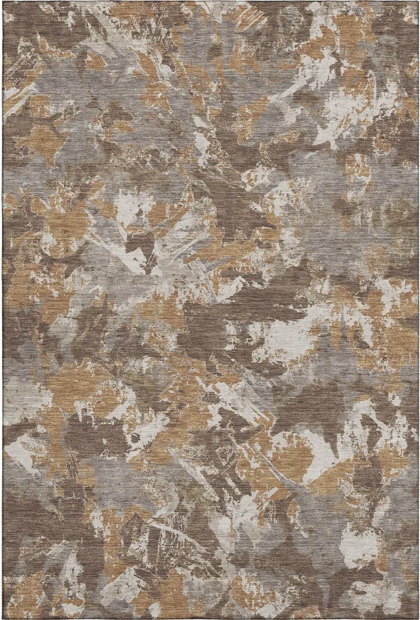 Brown Taupe And Beige Floral Washable Area Rug With UV Protection Photo 1