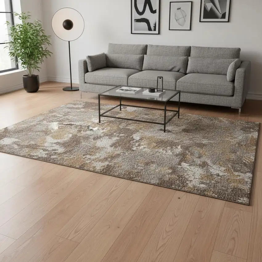 Brown Taupe And Beige Floral Washable Area Rug With UV Protection Photo 2