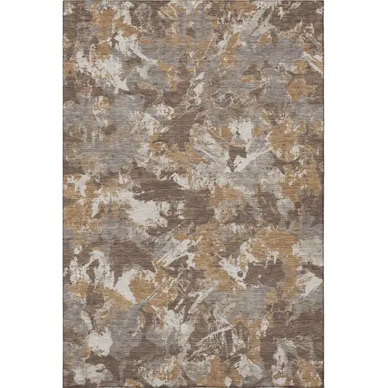 Brown Taupe And Beige Floral Washable Area Rug With UV Protection Photo 3