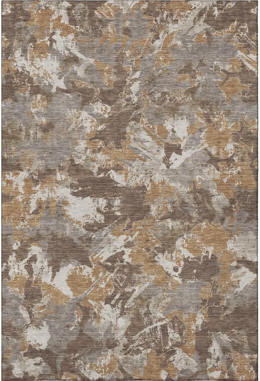 Brown Taupe And Beige Floral Washable Area Rug With UV Protection Photo 3
