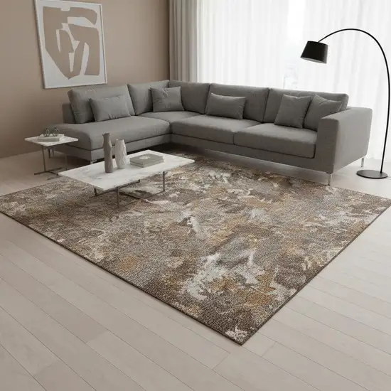 Brown Taupe And Beige Floral Washable Area Rug With UV Protection Photo 2