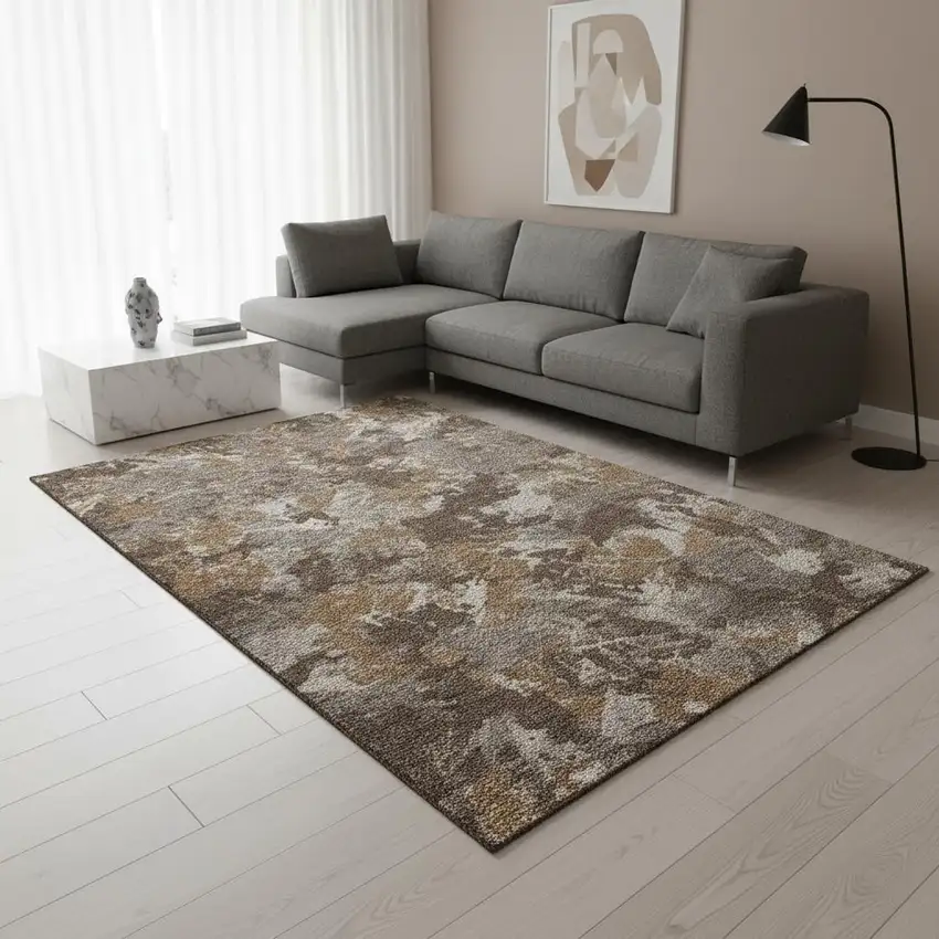 Brown Taupe And Beige Floral Washable Area Rug With UV Protection Photo 2