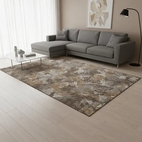 Brown Taupe And Beige Floral Washable Area Rug With UV Protection Photo 2
