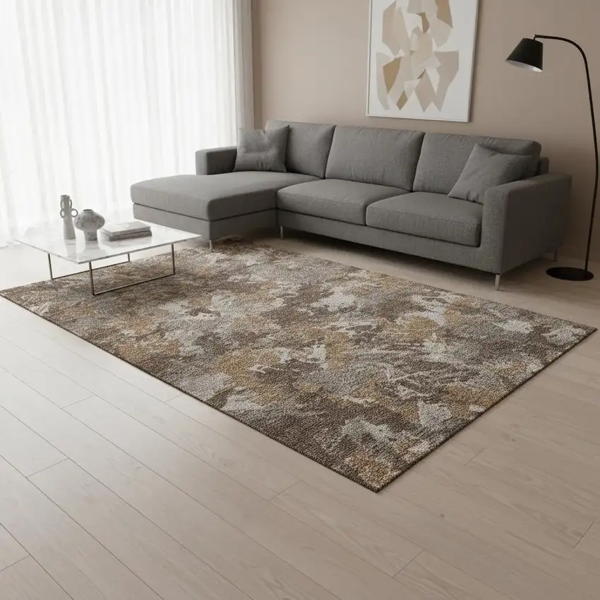 Brown Taupe And Beige Floral Washable Area Rug With UV Protection Photo 2