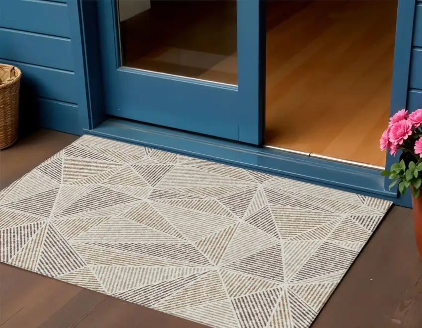 Brown Taupe And Beige Geometric Washable Indoor Outdoor Area Rug Photo 1