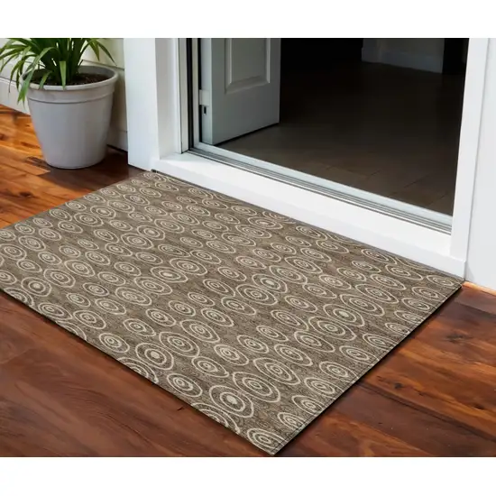 Brown Taupe And Beige Geometric Washable Indoor Outdoor Area Rug Photo 1