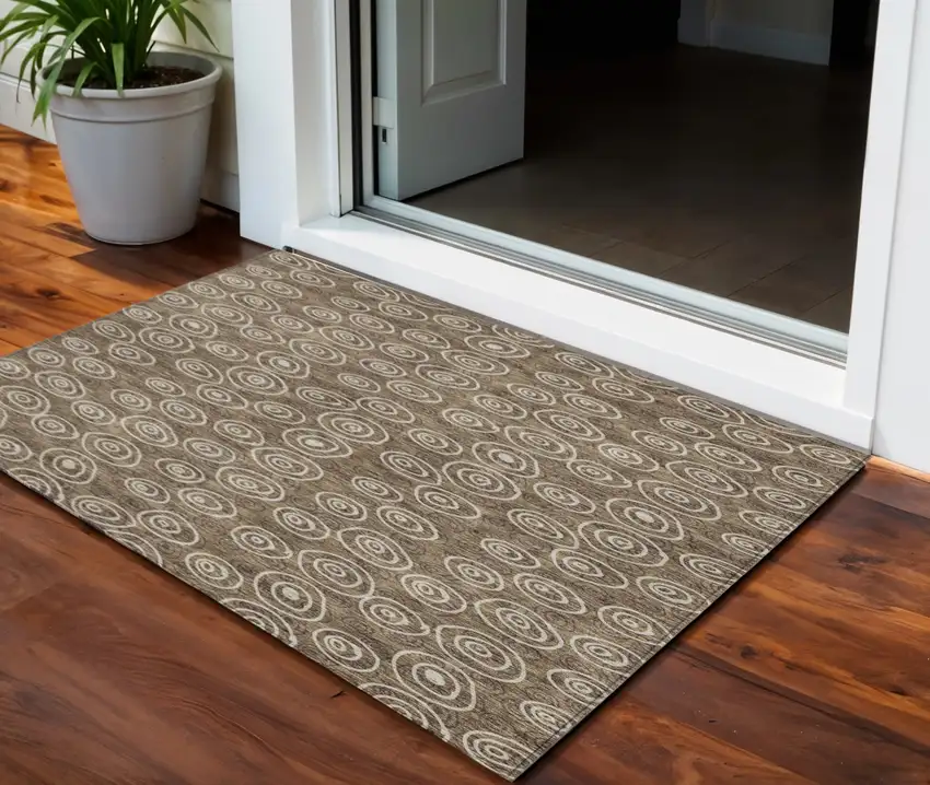 Brown Taupe And Beige Geometric Washable Indoor Outdoor Area Rug Photo 1
