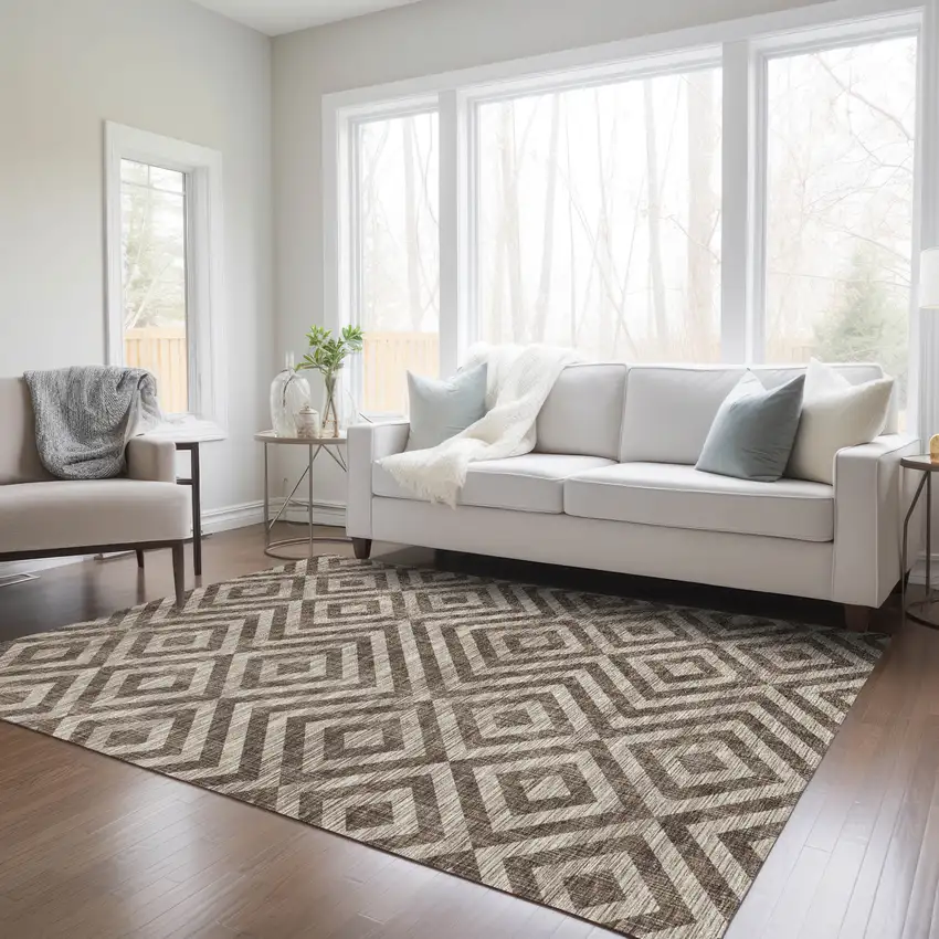 Brown Taupe And Beige Geometric Washable Indoor Outdoor Area Rug Photo 9