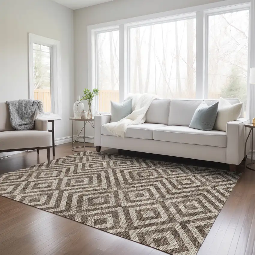 Brown Taupe And Beige Geometric Washable Indoor Outdoor Area Rug Photo 9