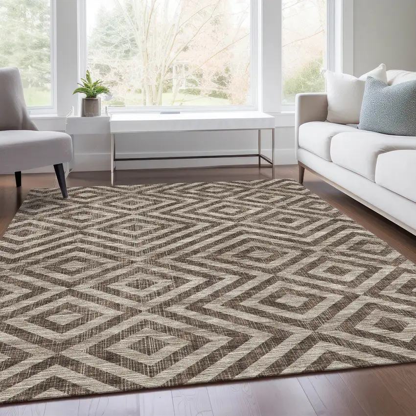 Brown Taupe And Beige Geometric Washable Indoor Outdoor Area Rug Photo 8