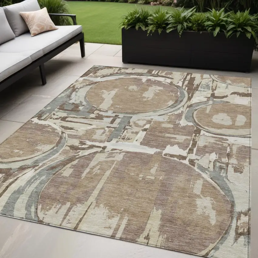 Brown Taupe And Beige Geometric Washable Indoor Outdoor Area Rug Photo 1