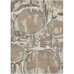 Photo of Brown Taupe And Beige Geometric Washable Indoor Outdoor Area Rug