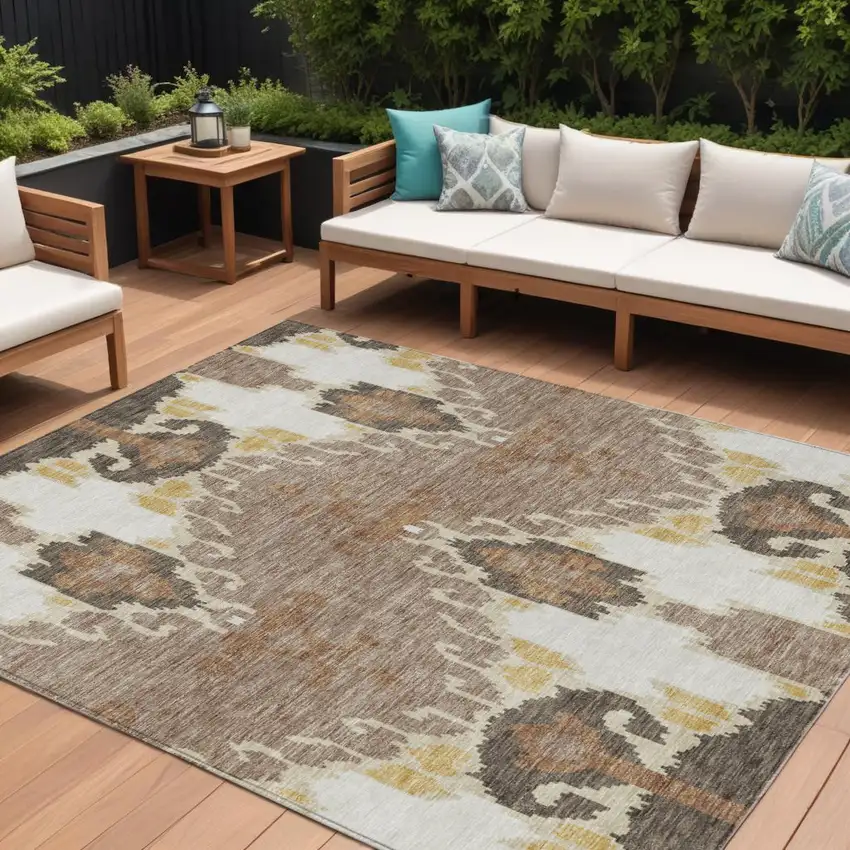 Brown Taupe And Beige Ikat Washable Indoor Outdoor Area Rug Photo 1