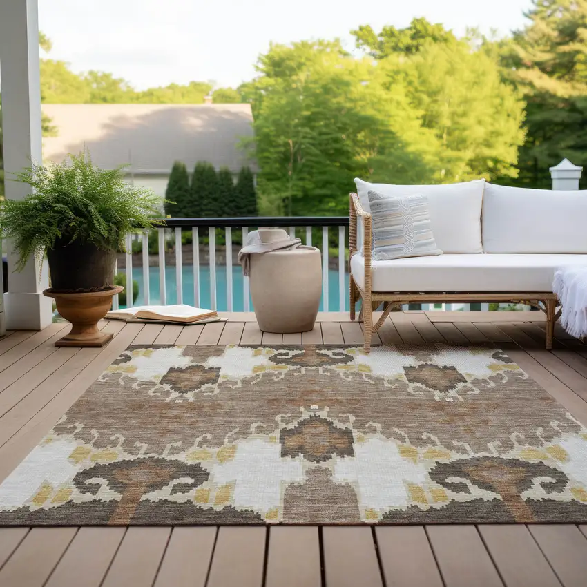 Brown Taupe And Beige Ikat Washable Indoor Outdoor Area Rug Photo 9