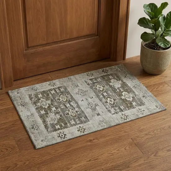 Brown Taupe And Beige Southwestern Washable Area Rug With UV Protection Photo 1
