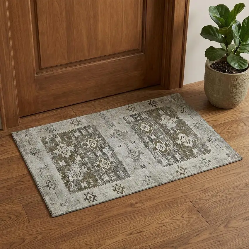 Brown Taupe And Beige Southwestern Washable Area Rug With UV Protection Photo 1