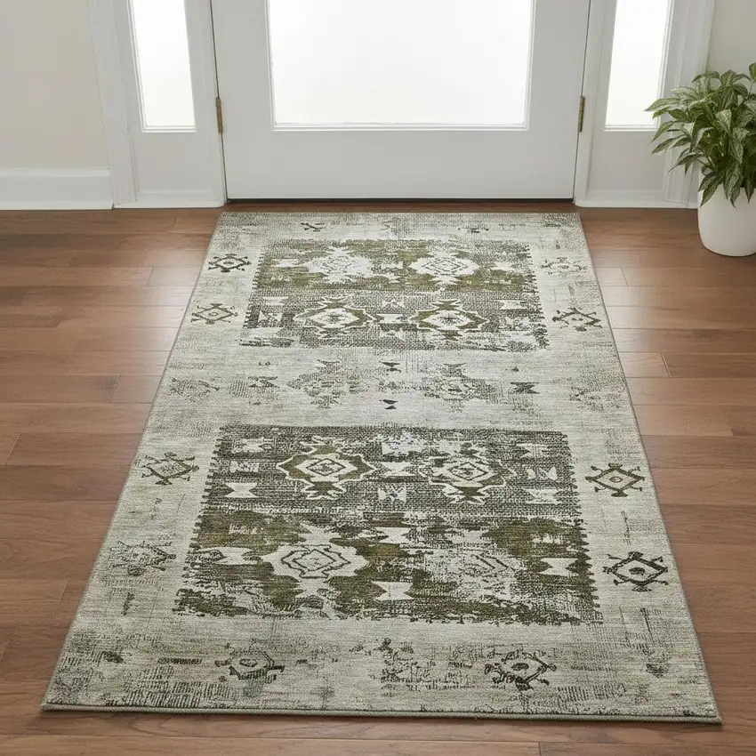 Brown Taupe And Beige Southwestern Washable Area Rug With UV Protection Photo 2