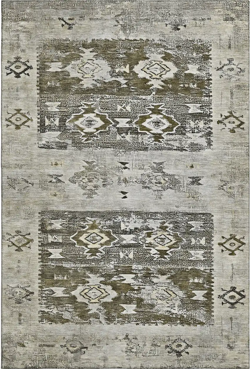 Brown Taupe And Beige Southwestern Washable Area Rug With UV Protection Photo 1