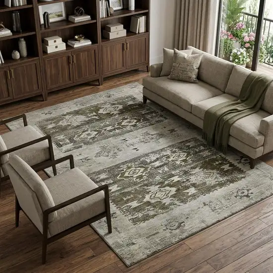 Brown Taupe And Beige Southwestern Washable Area Rug With UV Protection Photo 1