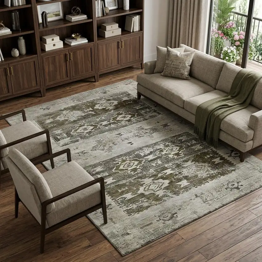 Brown Taupe And Beige Southwestern Washable Area Rug With UV Protection Photo 1