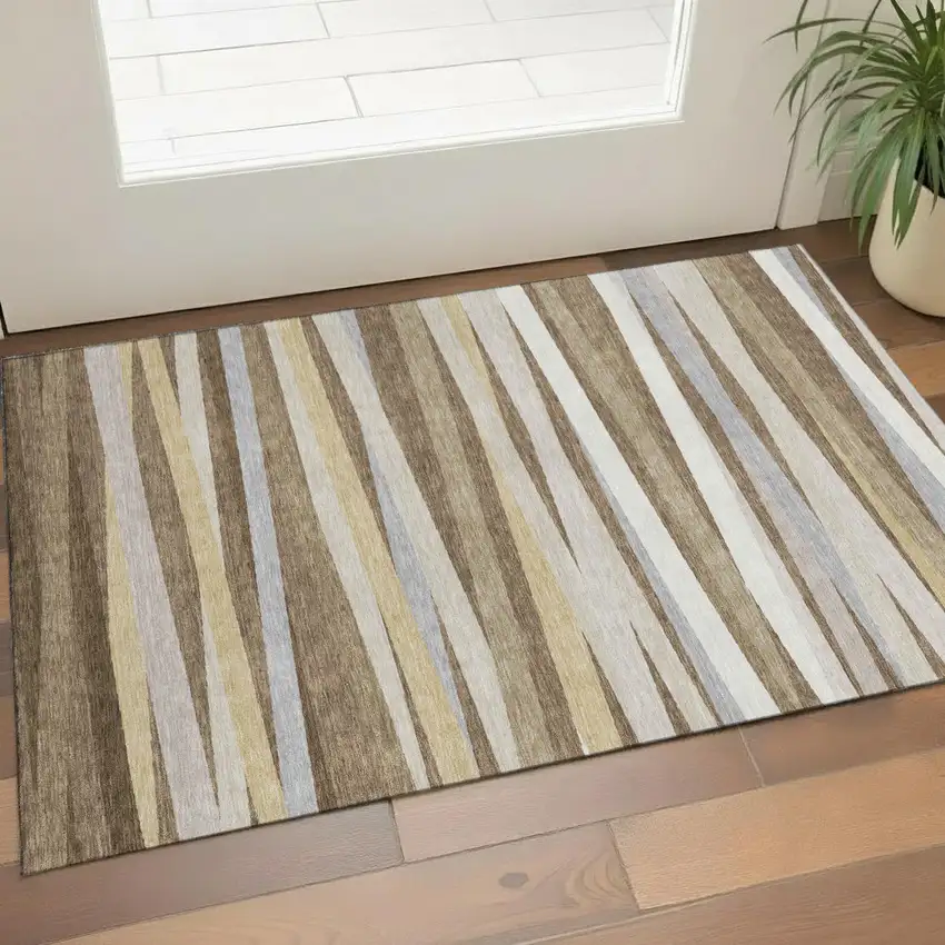Brown Taupe And Beige Striped Washable Area Rug With UV Protection Photo 1