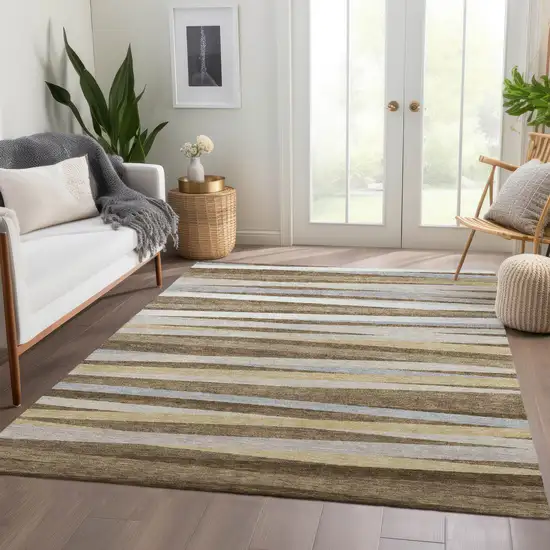 Brown Taupe And Beige Striped Washable Area Rug With UV Protection Photo 3