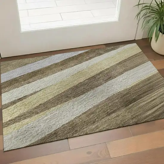Brown Taupe And Beige Striped Washable Area Rug With UV Protection Photo 2