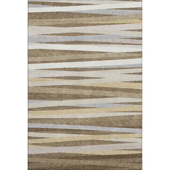 Brown Taupe And Beige Striped Washable Area Rug With UV Protection Photo 4