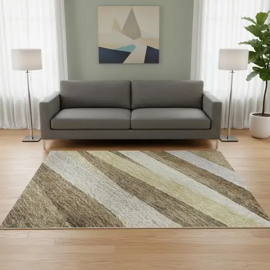 Brown Taupe And Beige Striped Washable Area Rug With UV Protection Photo 2