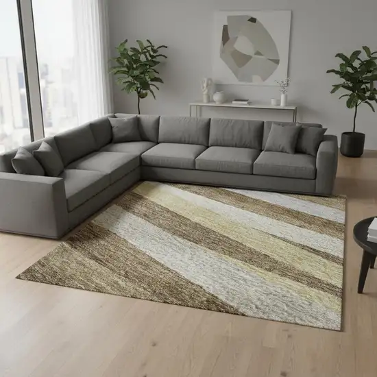 Brown Taupe And Beige Striped Washable Area Rug With UV Protection Photo 2