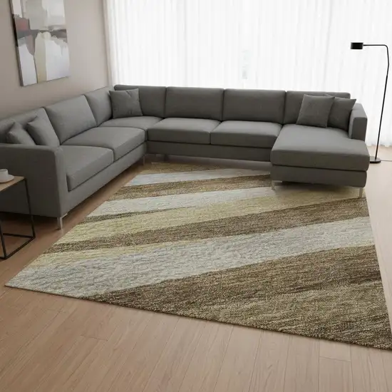 Brown Taupe And Beige Striped Washable Area Rug With UV Protection Photo 2