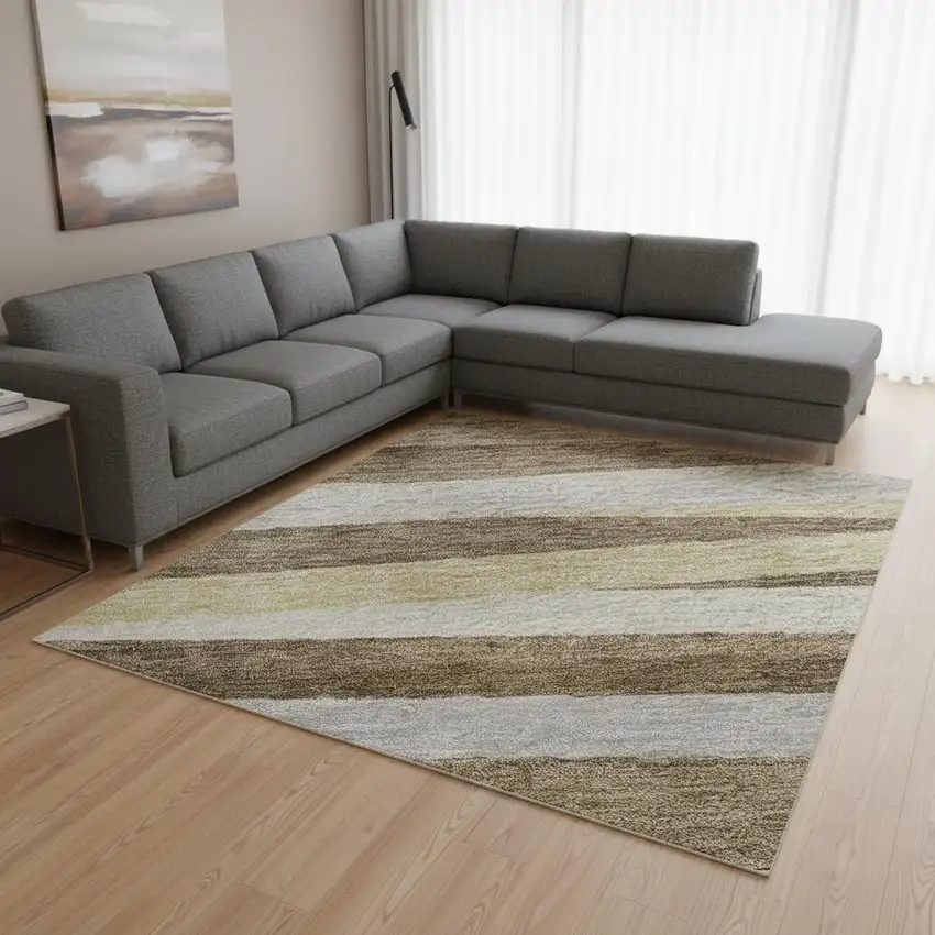 Brown Taupe And Beige Striped Washable Area Rug With UV Protection Photo 2