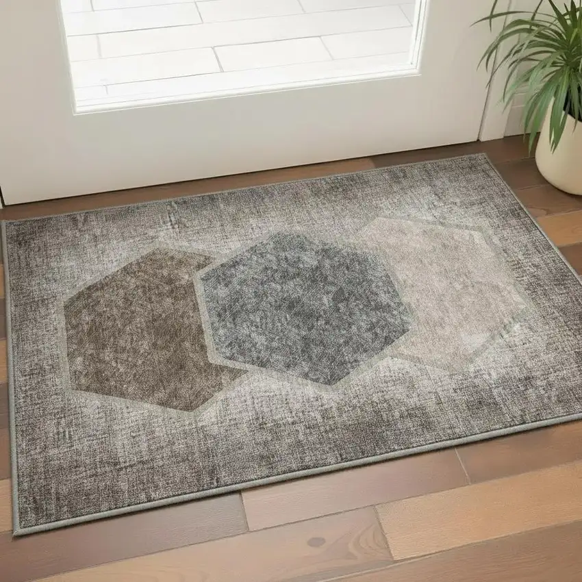 Brown Taupe And Charcoal Geometric Washable Area Rug With UV Protection Photo 2