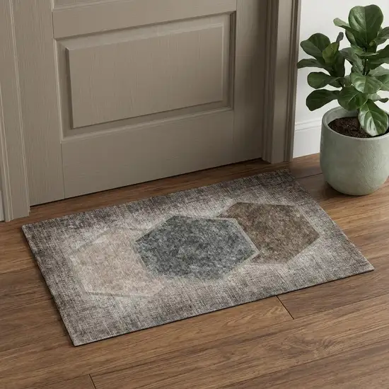 Brown Taupe And Charcoal Geometric Washable Area Rug With UV Protection Photo 1