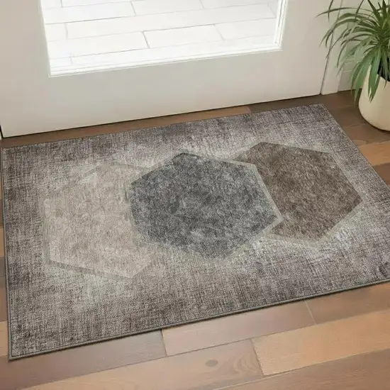 Brown Taupe And Charcoal Geometric Washable Area Rug With UV Protection Photo 1