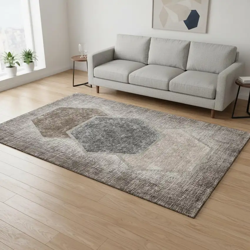 Brown Taupe And Charcoal Geometric Washable Area Rug With UV Protection Photo 1