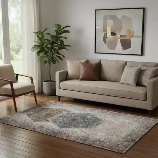 Brown Taupe And Charcoal Geometric Washable Area Rug With UV Protection Photo 1