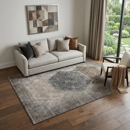 Brown Taupe And Charcoal Geometric Washable Area Rug With UV Protection Photo 1