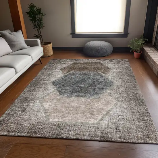 Brown Taupe And Charcoal Geometric Washable Area Rug With UV Protection Photo 5