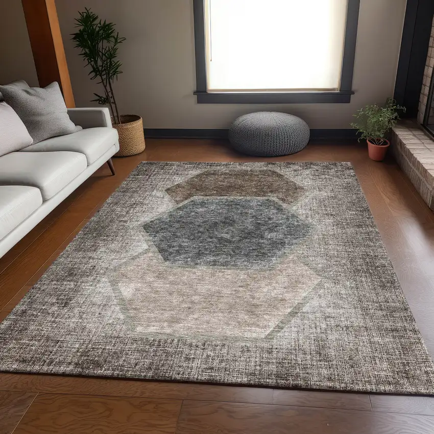 Brown Taupe And Charcoal Geometric Washable Area Rug With UV Protection Photo 5